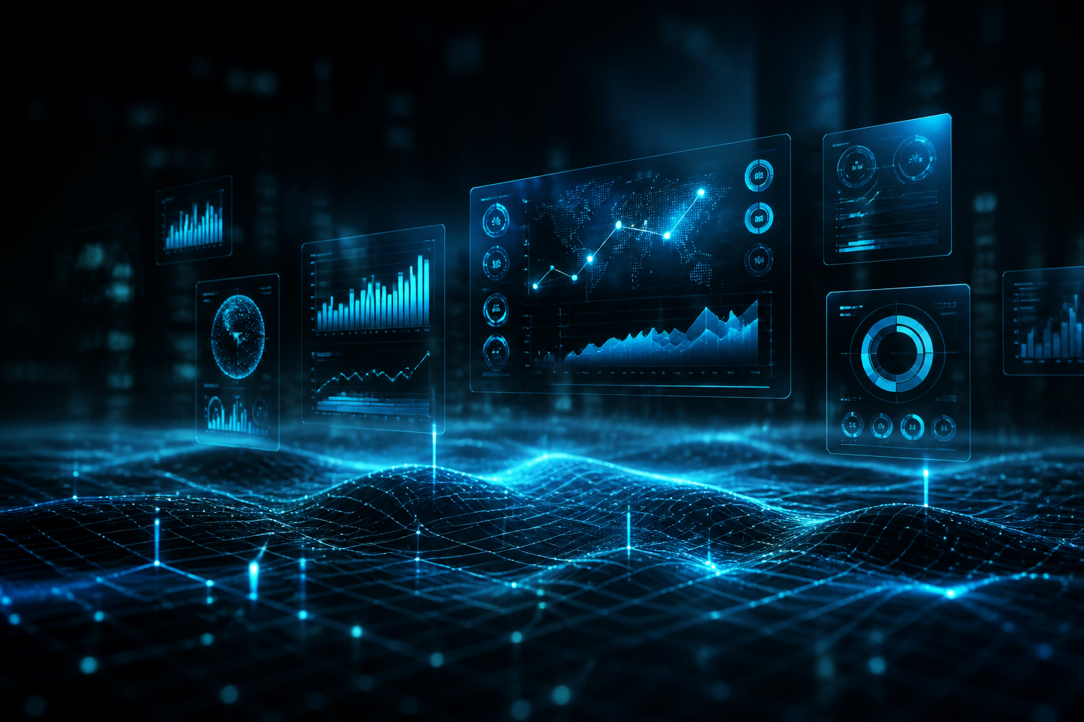 Abstract digital landscape with glowing data networks