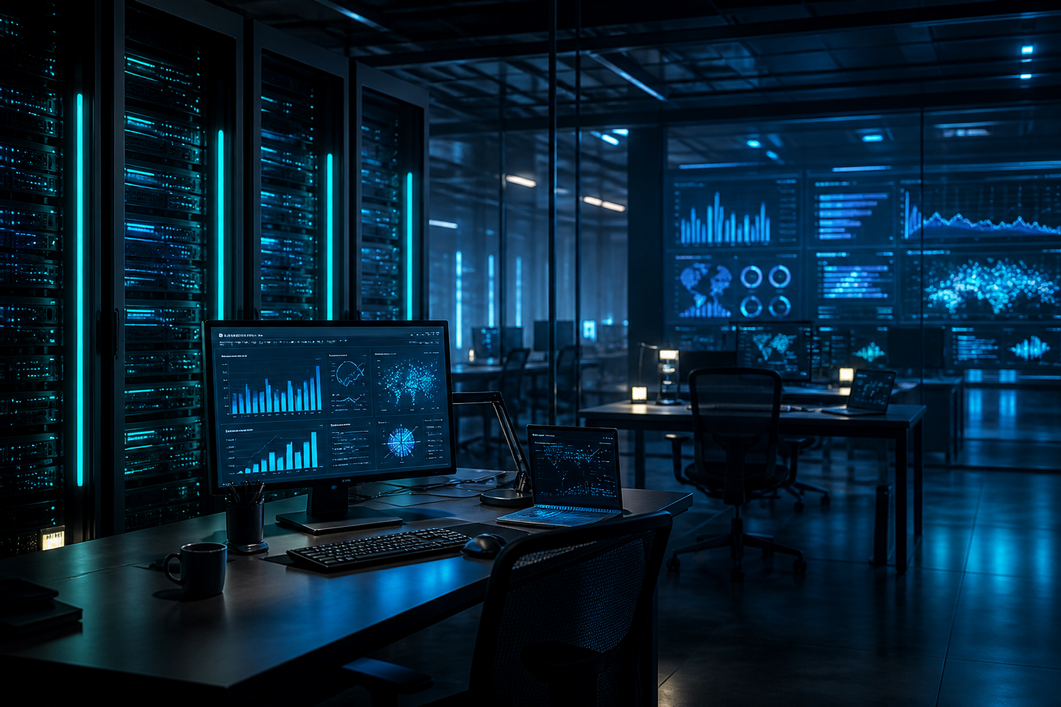 Futuristic technology workspace with glowing analytics screens