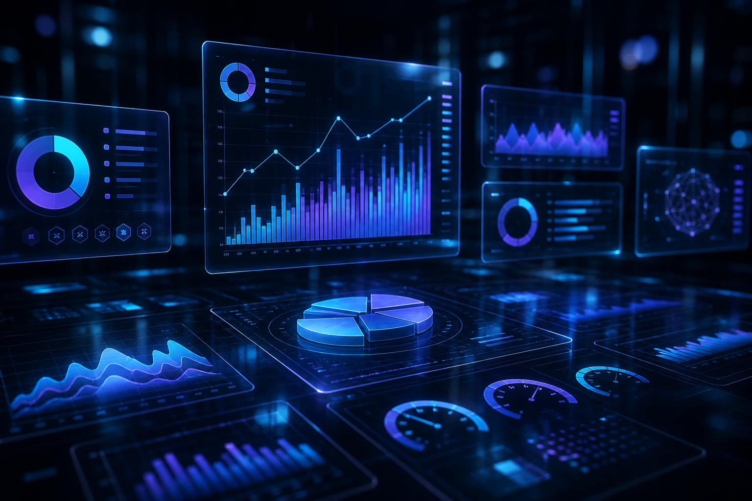 Holographic analytics dashboard with charts and KPIs