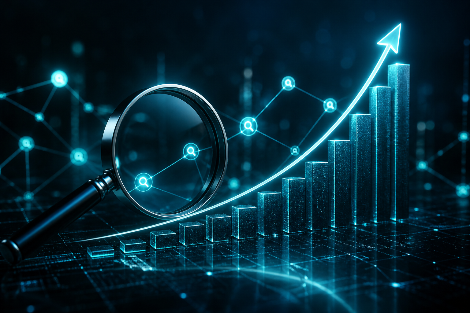 Search visibility growth visualization with magnifying lens