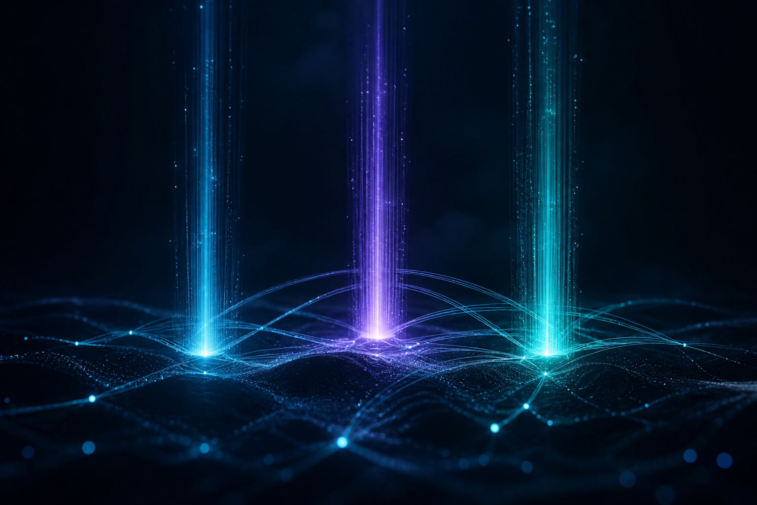 Abstract luminous pillars symbolizing company values in a digital landscape
