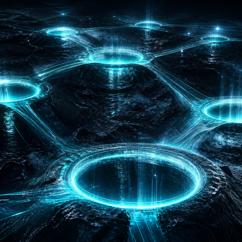 Interlinked glowing portals symbolizing connected brand ecosystems